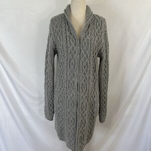 ARAN CRAFTS Ireland gray 100% merino wool cable LONG open cardigan coat S